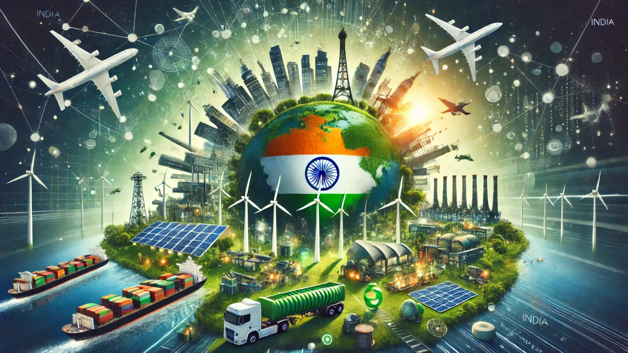 Illustration of India’s green economy transition with emission targets and carbon credit trading
