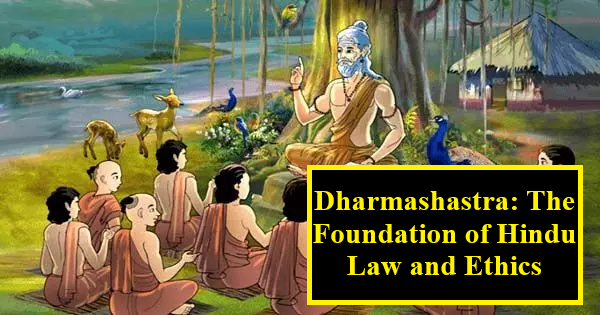 Ancient scrolls and palm-leaf manuscripts representing Dharmashastra texts in Hindu law