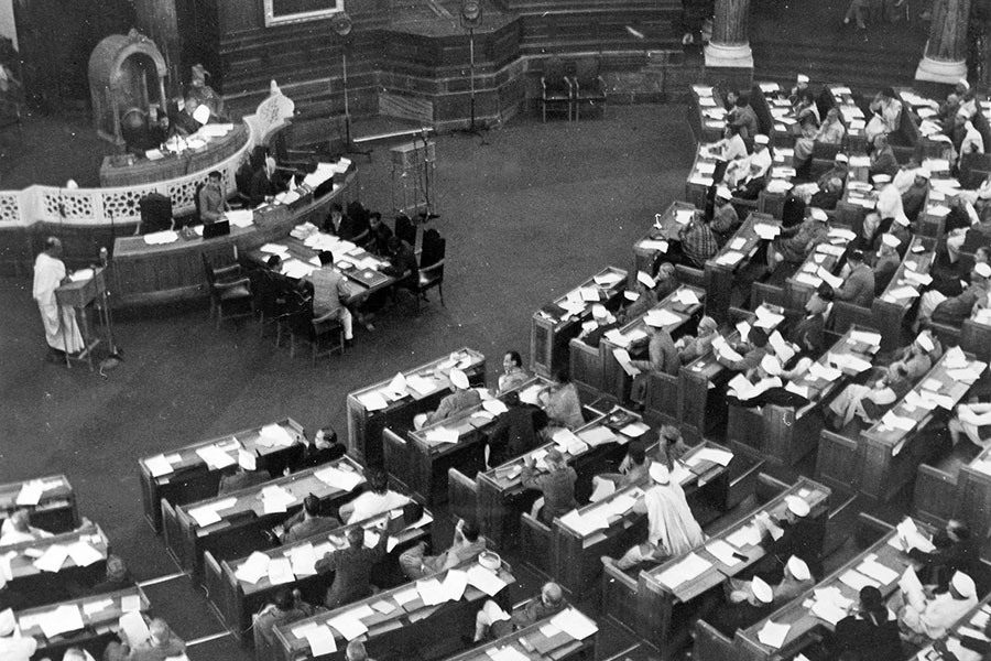 First session of the Constituent Assembly of India in 1946, with Dr. Rajendra Prasad and Dr. B.R. Ambedkar